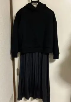 授乳服　マタニティ　ワンピース　レイヤード フード付き長袖ワンピース