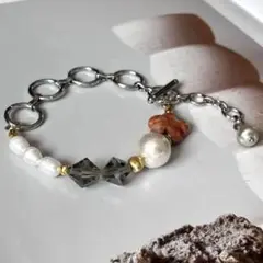 天然石アゲートフラワー×コットンパール×シルバーサークルチェーンのブレスレット☆