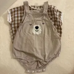 クマ刺繍ロンパースとチェックトップスセット