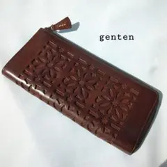 genten│レザー カットワーク 長財布 L字ファスナー ブラウン