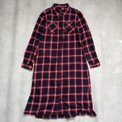 チェック柄 シャツワンピース ロング丈 レディース 長袖 古着 体型カバー