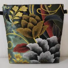 正絹袋帯(美品 花唐草 金糸 箔 緑 ) リメイクショルダーバック