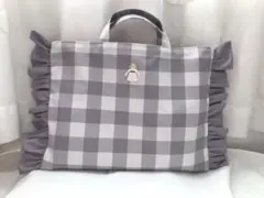 18 ハンドメイド　フリルレッスンバッグ　フリルバッグ　チェック チェリー