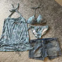 ペイズリー柄セパレート水着＋デニムショートパンツセット