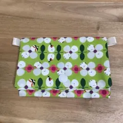 移動ポケット 緑色花柄 シマエナガ 黄緑 グリーン ハンドメイド テッシュケース