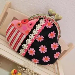 【確認用】花柄×ハート×飾りボタンのコラージュがま口ポーチ