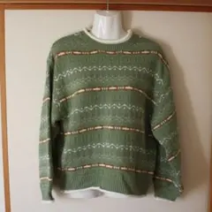 ehkä söpö・グリーン ストライプ ニットセーター・F サイズ