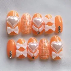O92【オーダー】オレンジ 量産型 リボン ネイルチップ ジェルネイル 付け爪