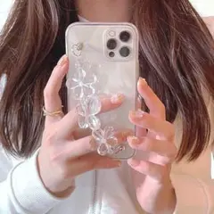 iPhoneケース　花と蝶々 チェーン付き クリア