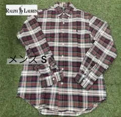 【美品】ラルフローレン チェック柄 長袖シャツ メンズS ポニー刺繍ロゴ 紺赤