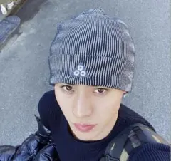 しょーきちくん着用　AGC リブ編みニット帽 黒と白ストライプ