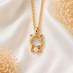 猫 ネックレス ゴールド 小ぶり パール付き 可愛い レディース 猫モチーフ