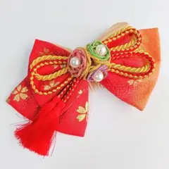 【昭和レトロ・ヴィンテージ】和装用組紐＆リボンの大ぶり髪飾り/赤・オレンジ系・桜
