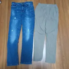 ダメージ加工デニムデニム　ベージュのパンツ2本セット