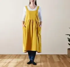 イエロー エプロン 腰紐なし ポケット付 ロング丈 ワイド コットンリネン 前掛のサムネイル