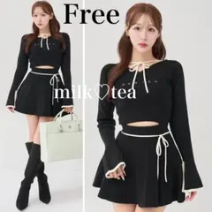 新品 ダーリッチ ウエストオープンリボンデザインニットミニワンピース フリー 黒