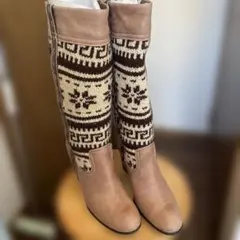 ニットデザイン ロングブーツ ブラウン