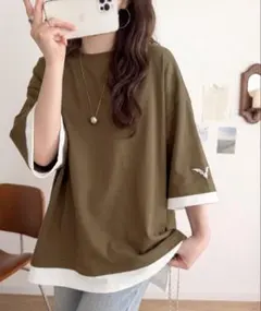 レイヤード風 半袖Tシャツ カーキ 刺繍入りのサムネイル