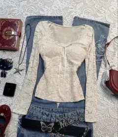 SHEIN レース パッチワーク リボン装飾 長袖 トップス