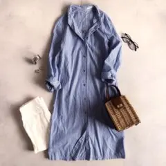 美品▲Deuxieme Classe ストライプシャツワンピース コットン