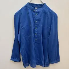 【G-STAR RAW】シルク混 ノーカラーシャツ ブルー（S）薄手 上品のサムネイル