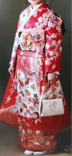 振袖フルセット エンジ 赤 白 蝶 花柄 正絹 振袖6点セット 成人式 卒業