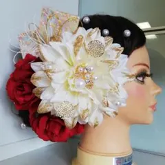 ラメダリア×赤バラのヘッドドレス 結婚式 成人式 浴衣に