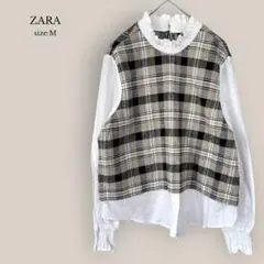 ザラZARA✨美品✨切り替えブラウス　レイヤード　重ね着風　チェック　襟フリル
