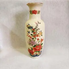 美術陶器 JAPAN 花瓶 陶器 貫入 牡丹 花鳥図 金縁 金彩　インテリア