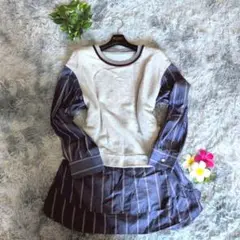 【gabardine K.T】 グレー ネイビー ストライプ 長袖 17 重ね着
