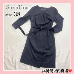 スーナウーナ⭐ 【洗える】ベルト付 ワンピース フォーマル 七分袖 Mサイズ