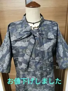 お値下げしました着物リメイク前ファスナー開きリボン結び、ワンピース/大島紬Lサイ