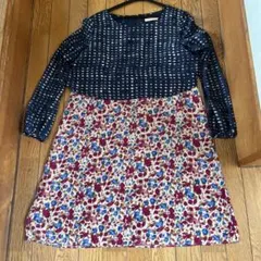 BEAMS HEART ネイビー花柄ひざ丈ワンピース