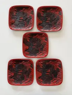仙台堆朱　四角形銘々皿5枚セット 赤黒　工芸品