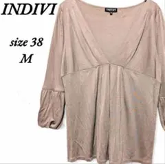 インディヴィ バルーン ギャザー 七分袖Tシャツ Vネック タック 着心地 上品