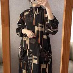 ヴィンテージ レトロ古着 アート柄ミドル丈ブルゾンジャケット モッズコート風 黒