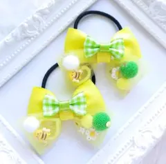 (311) 春 ゆめかわ リボン ヘアゴム♡ ハンドメイド チュール 蜂 黄 緑