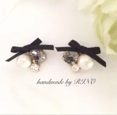大人上品＊リボンビジューピアスorイヤリング ブラック