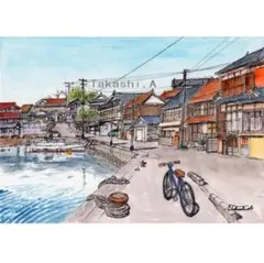 原画一点物　「漁港の家並み」　＜ペンスケッチ＋透明水彩＞