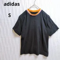 アディダス　半袖Tシャツ ロゴT　カラフルリブ襟　黒　S