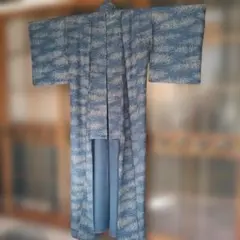 単衣仕立ての小紋 くすみブルー着物 草花模様 正絹