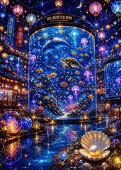 183【海の夜祭り水族館】星降る海の幻想世界 デジタルアート 開運アート