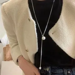 ネックレス ロング パール風 ラリエット シンプル 韓国 シルバー 高見え 上品