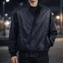 フェイクレザー調 ジャケット M ネイビー 光沢 スタンドカラー ブルゾン