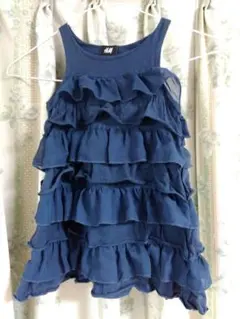 H&M ダークブルー フリル ノースリーブワンピース 100cm
