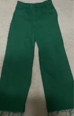 ZARA緑色デニムワイドレッグパンツ