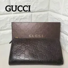 極美✨グッチ 長財布 L字ファスナー GG シマ 型押し レザー ブラウン