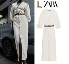 ZARA Vネック ベルト付 パフスリーブ ロングワンピース L ラスト1点♪