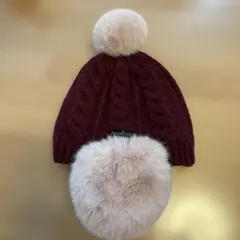 ケーブル編みニット帽 ワインレッド 52-54cm