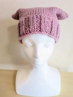 手編みハンドメイド猫耳ニット帽子淡いピンク